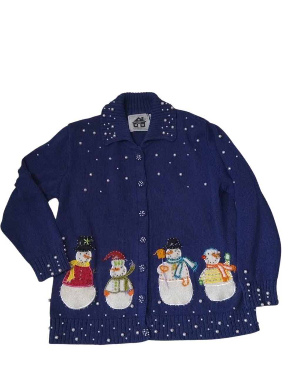 Storybook Knits Women's XS Blue Winter Christmas Snowman Cardigan Beaded Pearl